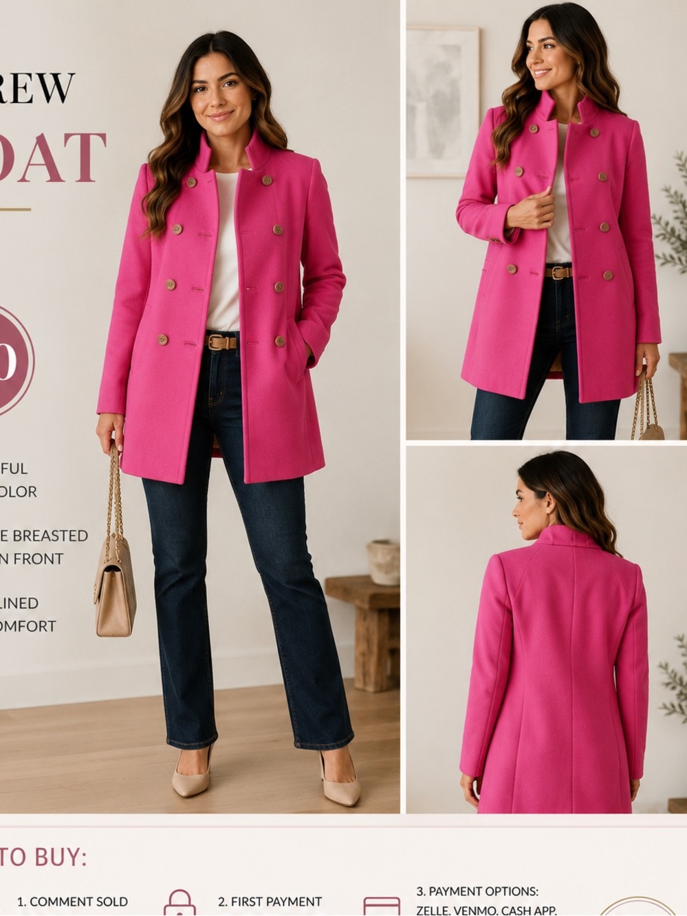 J. Crew Double-Breasted Pea Coat in Bright Pink